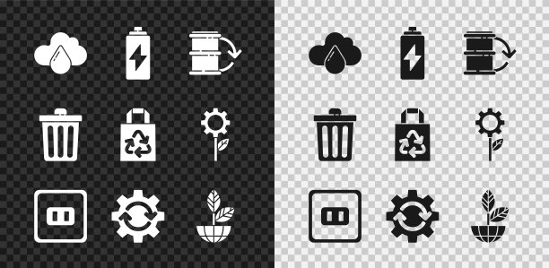 集云与雨，电池，生态燃料桶，电源插座，齿轮和箭头作为工作流程，地球工厂，垃圾桶和纸袋回收图标。向量图片下载