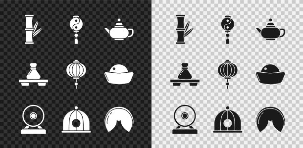 集竹子，阴阳，中国茶道，宫，帽子，幸运饼干，饺子砧板和纸灯笼图标。向量图片下载