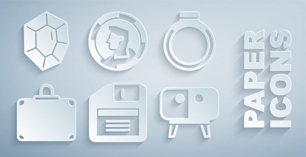 集软盘，金戒指，手提箱，电视桌架，古钱币和宝石石图标。向量图片下载