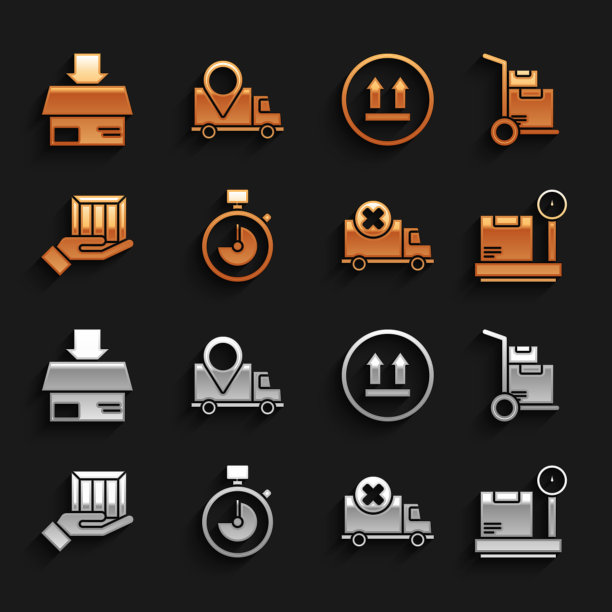 集秒表，手动卡车和箱子，纸板秤，交付货物车辆，手，这一面向上，纸箱和跟踪图标。向量图片下载