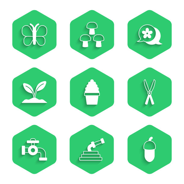 集仙人掌佩奥特奥特花盆，花园软管，橡子，园艺手工剪刀，水龙头，发芽，花和蝴蝶图标。向量图片下载