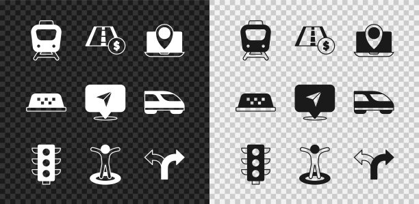 集火车，收费公路交通标志，笔记本电脑与位置标记，交通灯，位置人，道路，出租车车顶和信息图城市地图导航图标。向量图片下载