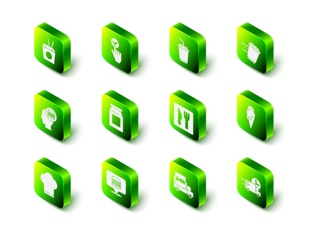 集网上订购和送货，纸杯与水，咖啡杯去，冰淇淋，快速汽车，咖啡馆餐厅的位置，和汉堡图标。向量图片下载