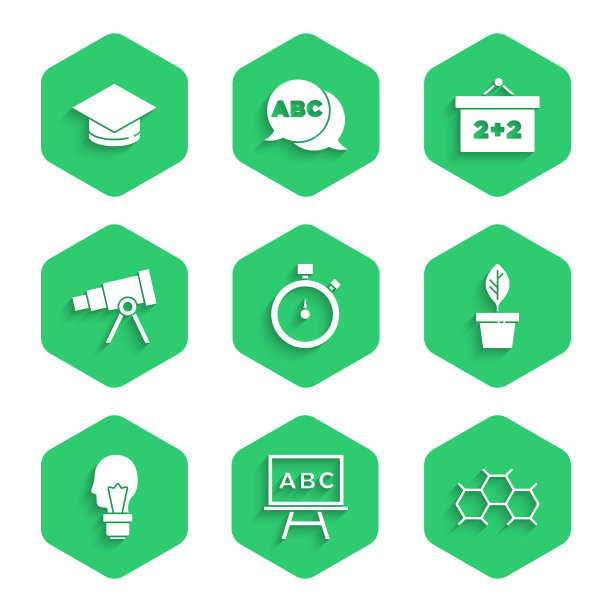 设置秒表，黑板，化学式，植物在锅，灯泡与概念的想法，望远镜，和毕业帽图标。向量图片下载
