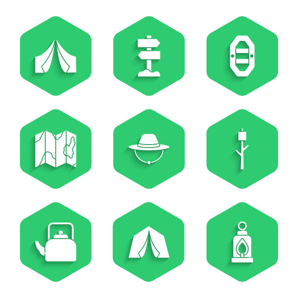 集露营帽，旅游帐篷，灯笼，棉花糖棒，水壶与手柄，森林地图，漂流船和图标的位置。向量图片下载