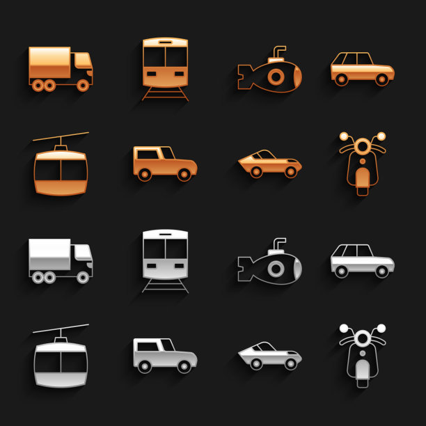 集汽车，摩托车，缆车，潜艇，交付货物卡车和火车和铁路图标。向量图片下载