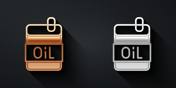 金和银瓶橄榄油图标孤立的黑色背景。装有橄榄油的水壶。长影式。向量图片下载