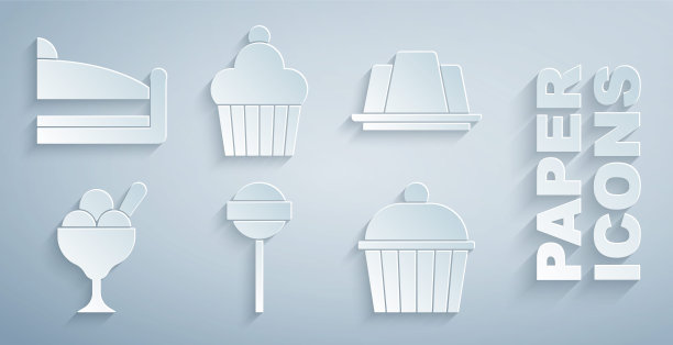 设置棒棒糖，果冻蛋糕，冰淇淋在碗，蛋糕，和一块图标。向量图片下载