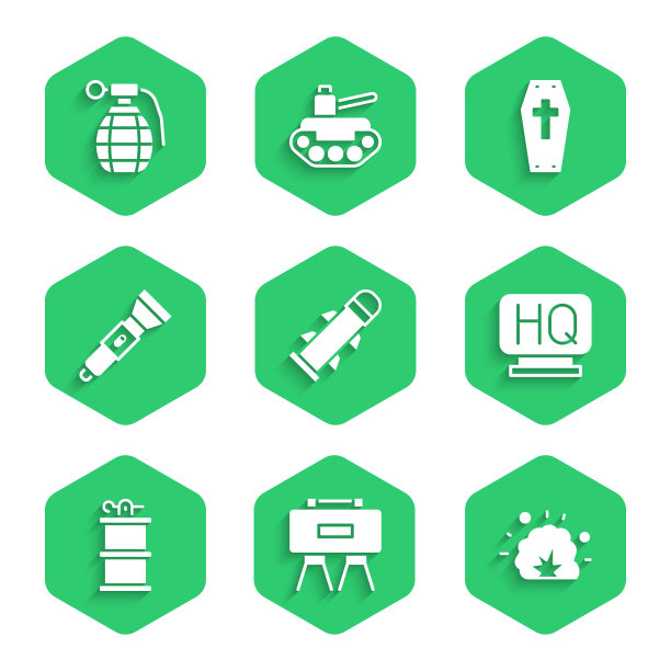 集火箭，军事地雷，炸弹爆炸，总部，手烟雾弹，手电筒，棺材与十字架和图标。向量图片下载