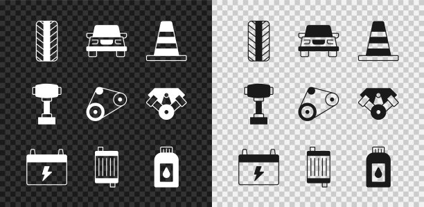 集汽车轮胎轮，交通锥，电池，散热器冷却系统，罐为电机机油，变速和正时皮带套件图标。向量图片下载