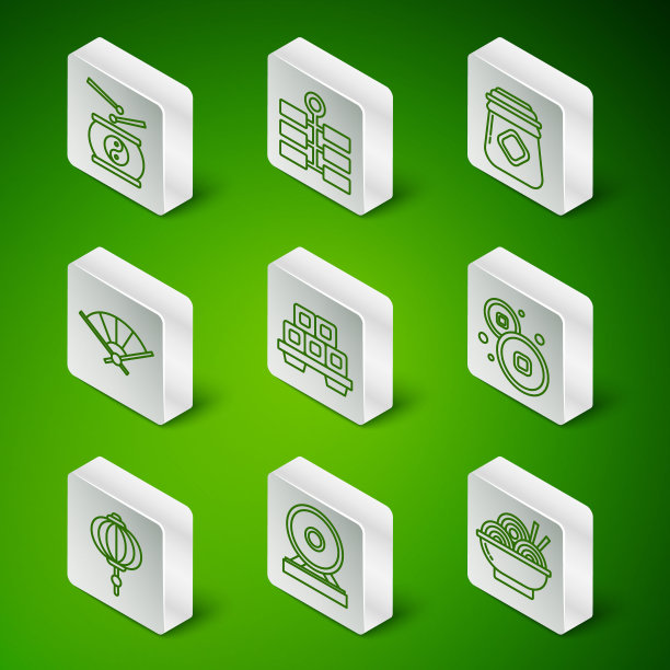 设线亚洲面碗，锣，中国鼓，寿司砧板，中国折扇，烟花，纸灯笼和人民币货币图标。向量图片下载