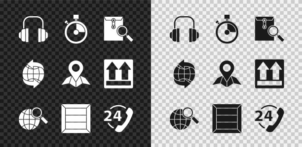 设置耳机，快速交货，带放大镜的信封，放大镜，木箱，电话24小时支持，全球和占位符地图纸图标。向量图片下载