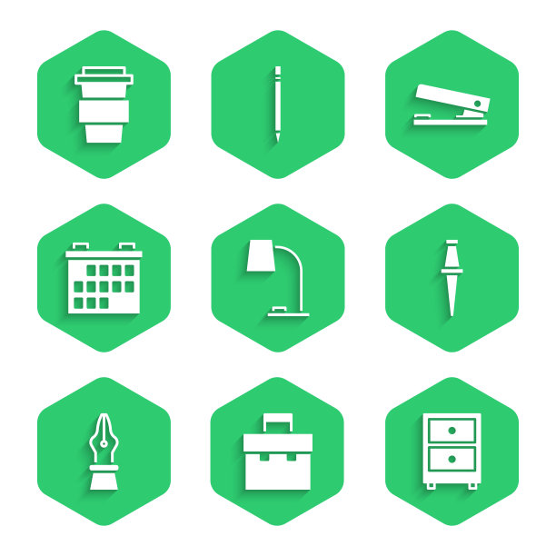 设置台灯，公文包，抽屉与文件，推销，钢笔笔尖，日历，办公室订书机和咖啡杯去图标。向量图片下载