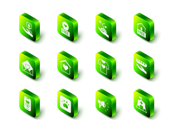 用心设置地点，志愿者团队植树，免费送货上门，捐赠食品，紧急医疗帐篷，捐赠衣服，扩音器和爪印图标。向量图片下载