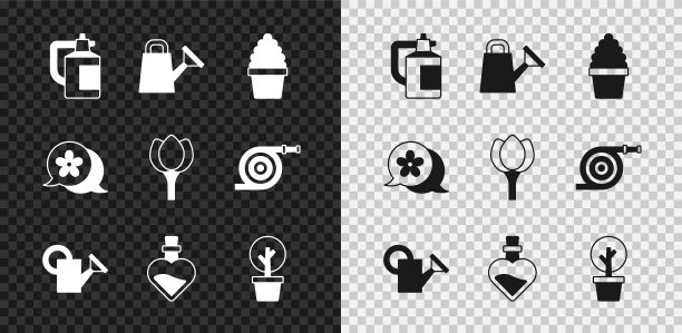 集花园喷雾器肥料，浇水罐，仙人掌佩奥特奥特花盆，瓶子与爱情药水，森林，花和郁金香图标。向量图片下载