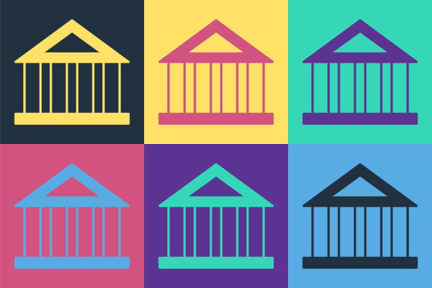 波普艺术银行建筑图标孤立的彩色背景。向量图片下载