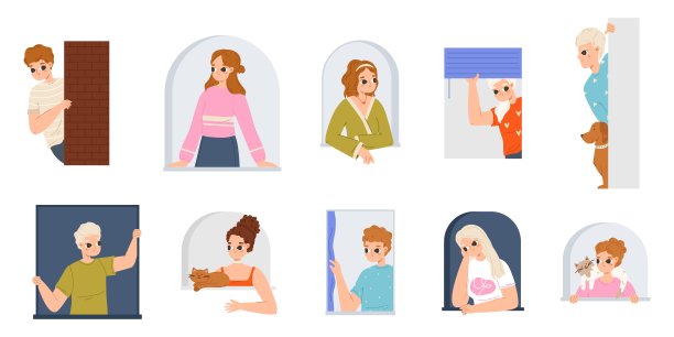 偷窥的青少年，带着宠物躲起来的卡通人物。好奇的年轻人，快乐快乐的人搜索或间谍。舒适的监视矢量字符图片下载