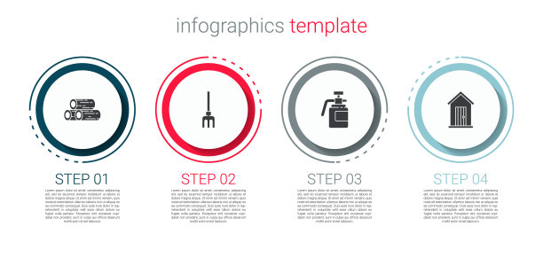 设置原木，花园耙，肥料喷雾器和农舍。业务信息图表模板。向量图片下载