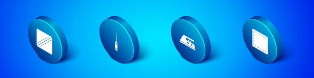 设置等距缝纫图案，电熨斗和锥子工具图标。向量图片下载