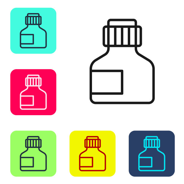 黑线油漆，水粉，罐子，染料图标隔离在白色的背景。设置图标为彩色方形按钮。向量图片下载
