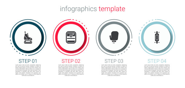 设置溜冰鞋，急救箱，拳击手套和长板或滑板。业务信息图表模板。向量图片下载