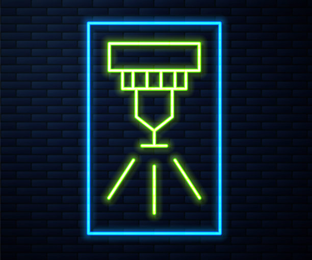 发光的霓虹灯线消防喷淋系统图标隔离在砖墙背景。喷头，灭火器固体图标。向量图片下载