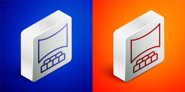 电影院礼堂与屏幕图标隔离在蓝色和橙色背景。银色方形按钮。向量图片下载