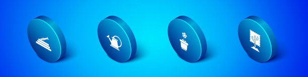 设置等距花园软管或消防软管，花在锅，树和浇水罐图标。向量图片下载