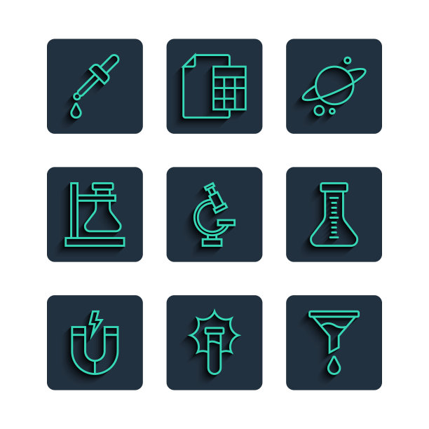 设置线磁铁，爆炸在烧瓶，漏斗或过滤器，土星行星，显微镜，试管架，移液器和图标。向量图片下载