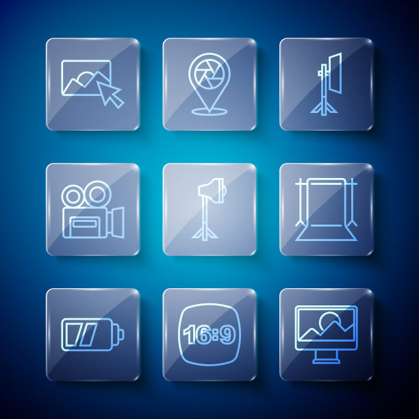 设置线电池相机，照片框16，修饰，工作室灯泡软箱，复古电影院，和空的照片工作室图标。向量图片下载