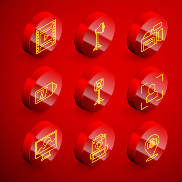 集线相机胶卷盒，工作室灯泡在软箱，电影相机，电池，对焦框线，照片修饰和图标。向量图片下载