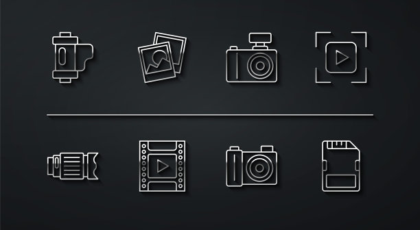 设置线相机胶卷墨盒，照片镜头，对焦框线，相机，SD卡和图标。向量图片下载