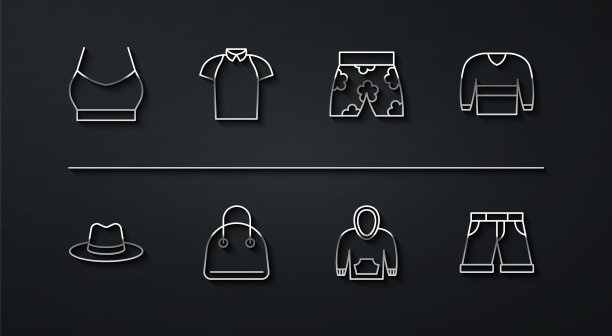 设定线女性露脐上衣，男帽，毛衣，卫衣，手袋，Polo衫，短裤或裤子和泳裤图标。向量图片下载