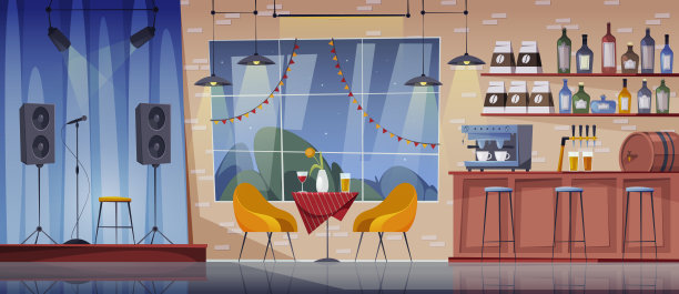 咖啡厅室内空无一人餐厅平面卡通矢量插图。桌子和座位，音乐场景和吧台，休息区和酒精饮料货架图片下载