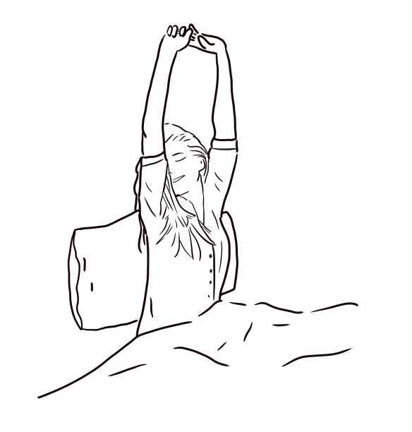 快乐的年轻微笑的女人闭着眼睛，躺在床上，感觉清新和放松。绘图插图。图片下载