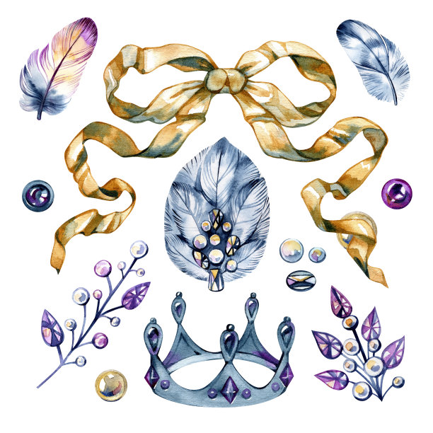 手绘水彩插图集。采购产品珠宝，胸针，羽毛，丝带，蝴蝶结，宝石。用于设计、印刷、卡片、剪贴簿、贴纸和其他用途的复古物品。图片下载