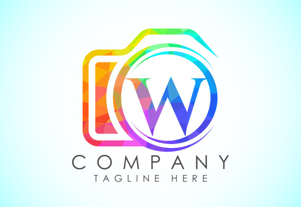 英文字母W和相机图标。低聚风格的logo用于摄影企业，以及公司的标识图片下载