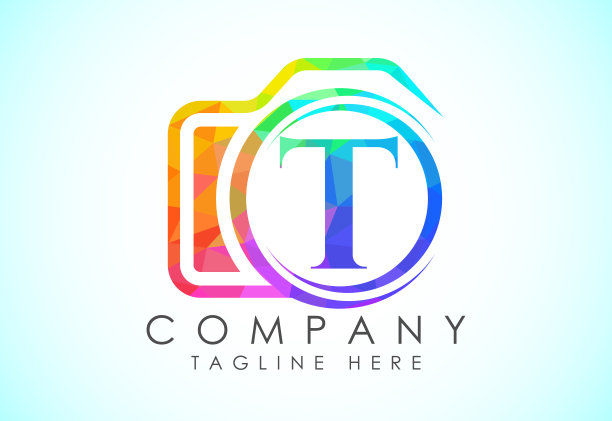 英文字母T和相机图标。低聚风格的logo用于摄影企业，以及公司的标识图片下载