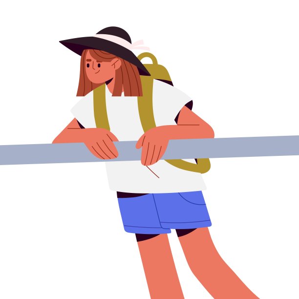 年轻的女孩旅游者，探险家在暑假旅行。女性背包客，青少年旅行者向下看，靠在栏杆上散步，远足。平面矢量插图隔离在白色背景图片下载