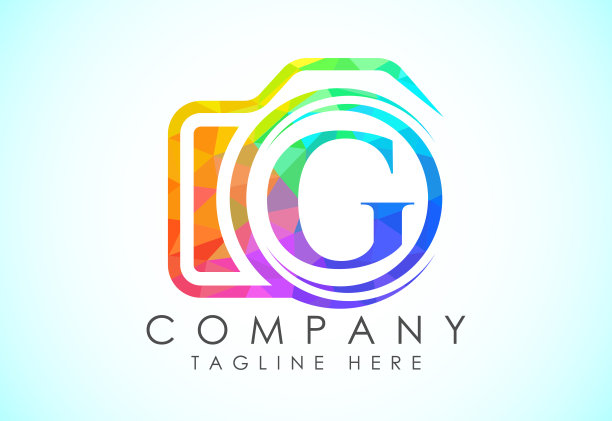 英文字母G和相机图标。低聚风格的logo用于摄影企业，以及公司的标识图片下载
