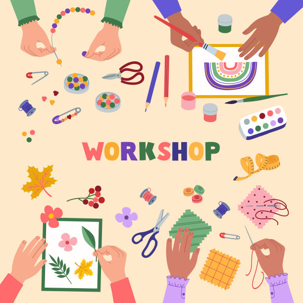 儿童创意工坊。俯视图的桌子，孩子们的手做手工工艺品。植物标本室、串珠、缝纫、绘图。图片下载