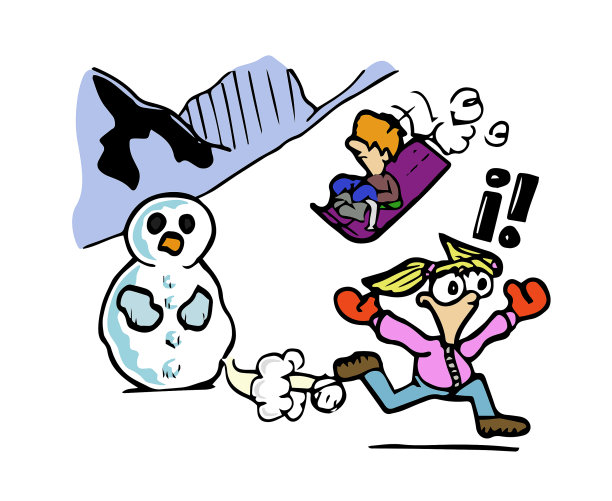 可爱的金发小女孩角色穿着冬衣逃跑，被一个男孩吓得从山上的雪橇上滑下来。彩色卡通风格有趣的矢量插图。图片下载