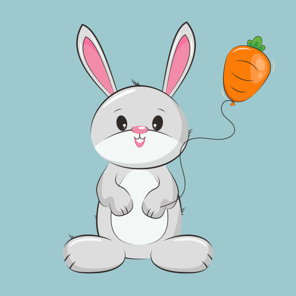卡通兔子拿着胡萝卜气球。矢量插画家图片下载