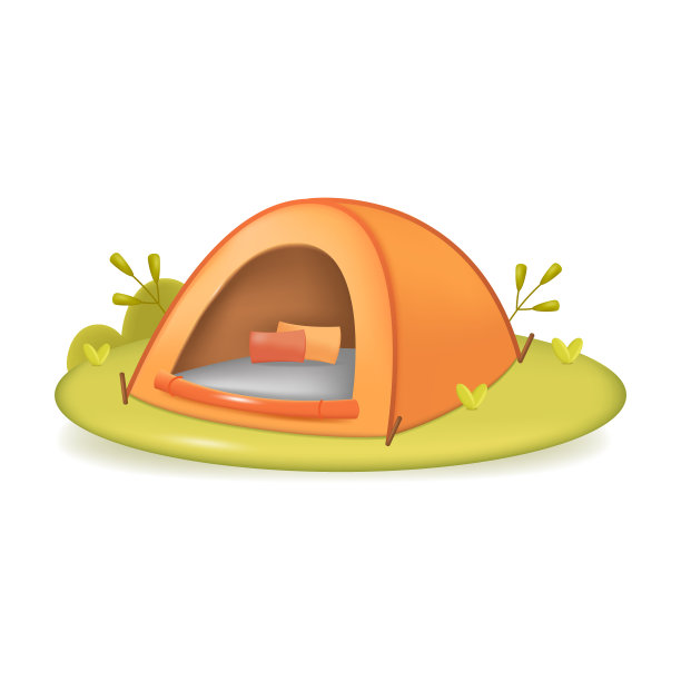 橙色帐篷在草地上的游客或徒步旅行者3D插图图片下载