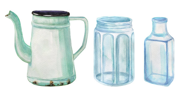 水彩手绘插画集与一个老式茶壶，一个玻璃罐，和一个玻璃瓶。图片下载