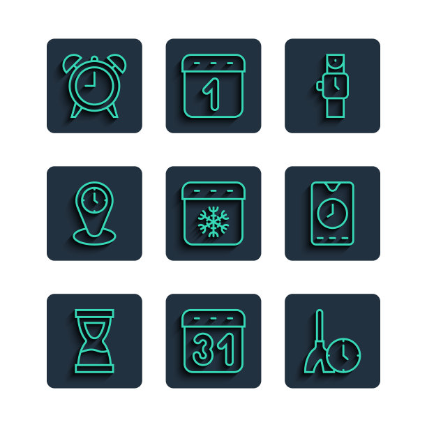 设置线旧沙漏，日历，清洁时间，手表，冬天，时区时钟，闹钟和应用程序的移动图标。向量图片下载