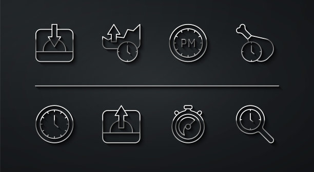 设置线日落，时钟，食物时间，秒表，日出，股票市场增长图表，放大镜与时钟和日期图标。向量图片下载