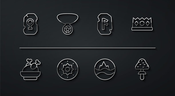 集线魔法符文，烤火鸡或鸡，国王皇冠，海和波浪，盾维京人，项链宝石，蘑菇和图标。向量图片下载