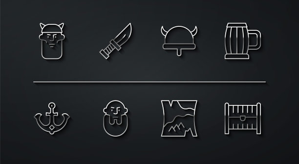 集线海盗头，锚，木制啤酒杯，折叠地图，匕首，古董宝箱和角头盔图标。向量图片下载