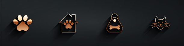 集爪印，宠物的房子，狗项圈与骨和猫的图标与长阴影。向量图片下载